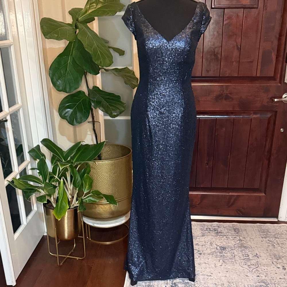 Bari Jay Navy Bodycon Sequin Gown Size 6